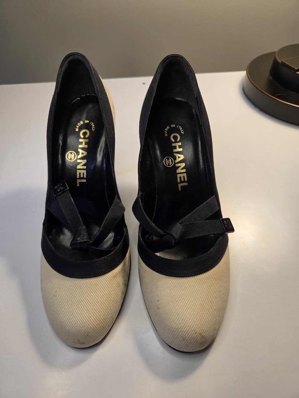 CHANEL Beige Canvas and Black Trim Mary Jane Pumps 35 1/2